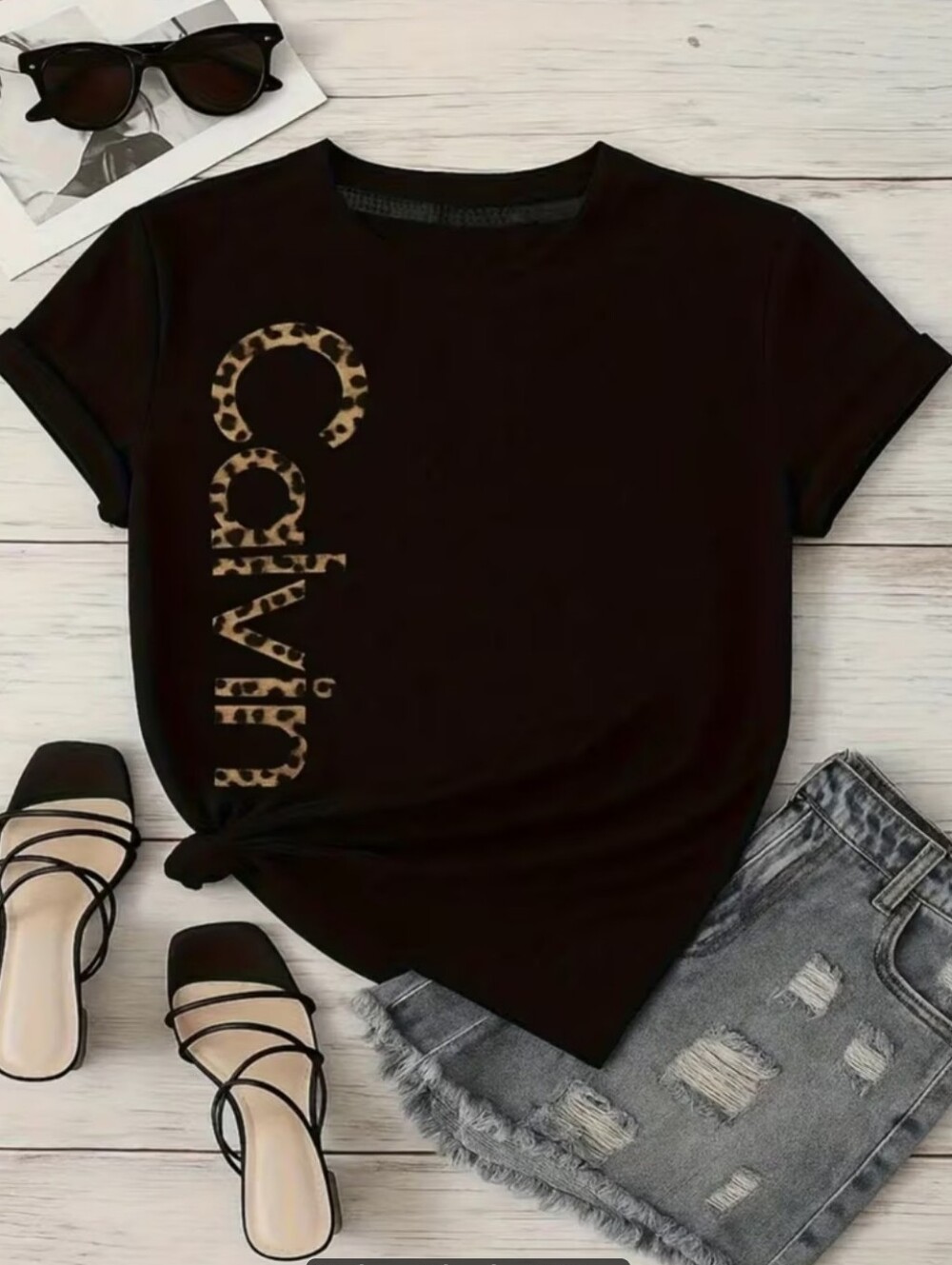 Women’s Black Tee with Leopard Print Accent